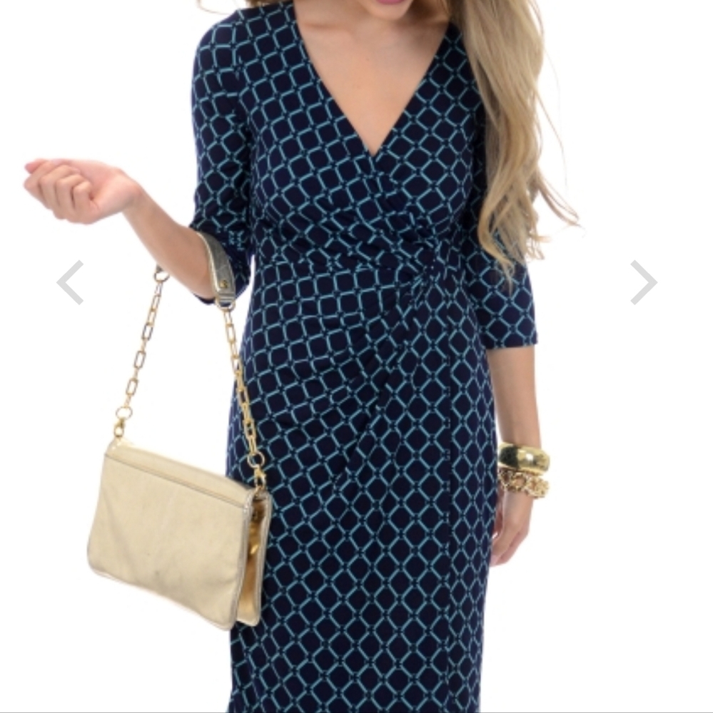 Elegant Navy Geometric Wrap Dress